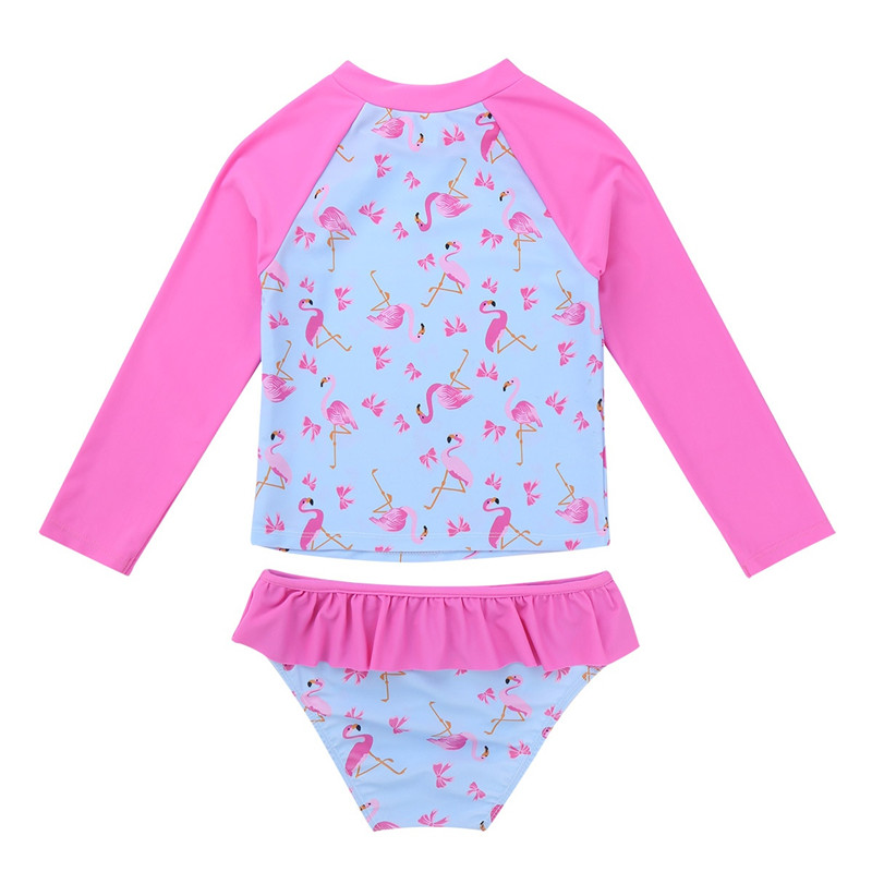 freundlicher Mädchen Tankini Badeanzug Lange Ärmeln Flamingo Gedruckt Rashguard Bademode Badeanzug einstellen Spitzen mit Rüschen Schwimmen BöHöhle