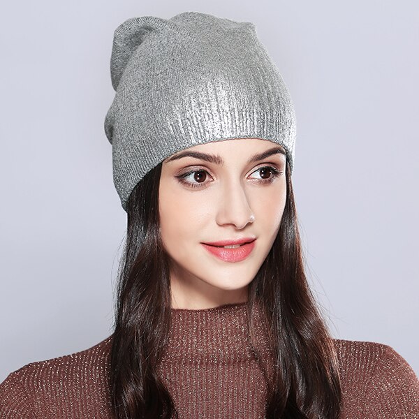 Vrouwen Hoeden Shining Wol Gebreide Herfst Winter Brand Hoed Vrouwelijke Skullies Mutsen Bonnet # MZ715: Light Gray
