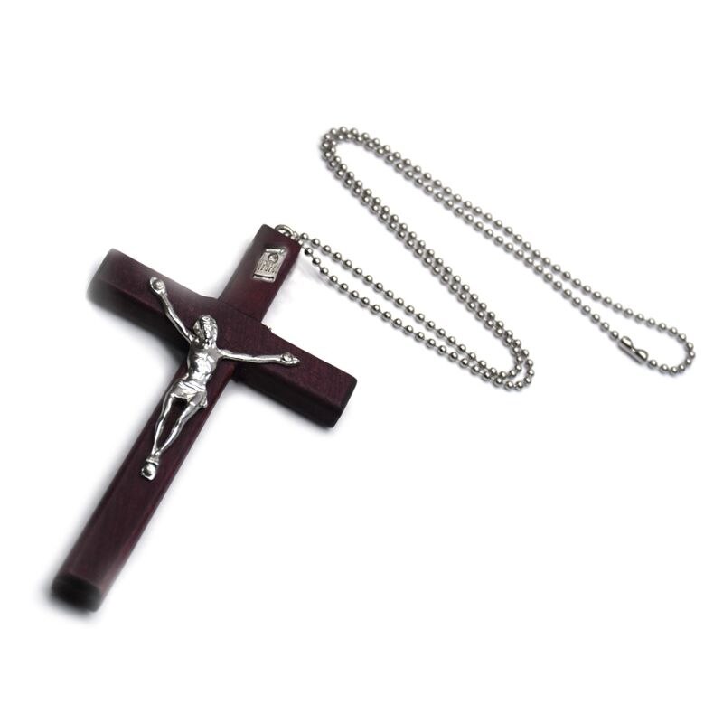 Collar Cruz religiosa de Jesús de madera de primera , colgante crucifijo cristiano con cadena de joyería, para hombres