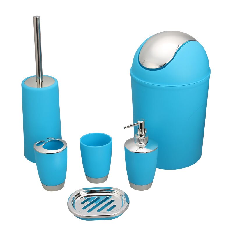 6Pcs Bathroom Accessories Set Toothbrush Holder Cup Soap Dispenser Dish Toilet Brush Trash Can Plastic Tumbler Cup Washroom Tool: blue