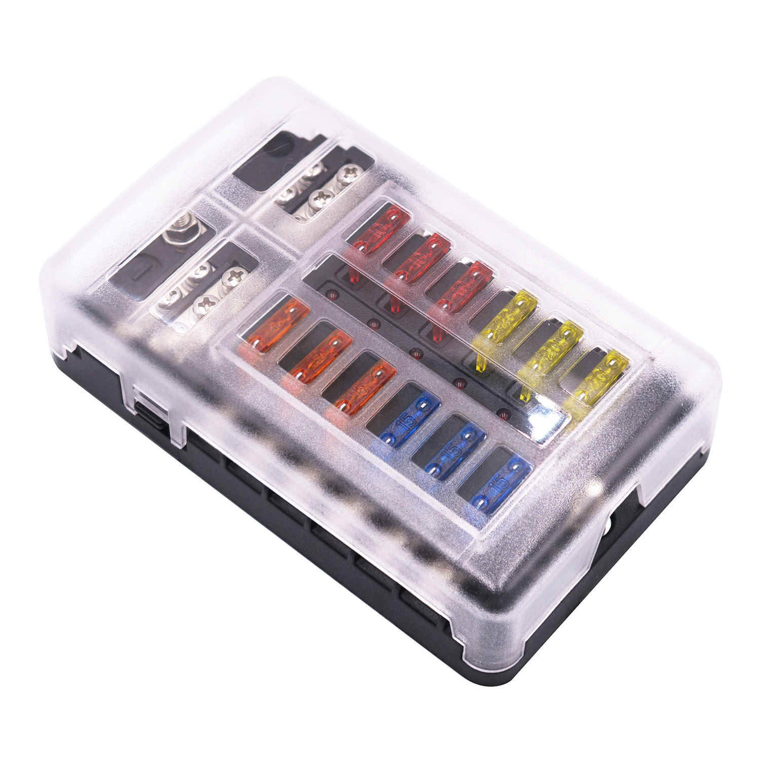 DC 12V Fuse Box with Negative Bus Blade Fuses Holder Block 12 Way with LED Indicator Fuse Holder Box Car accessories: 1 in 12 out