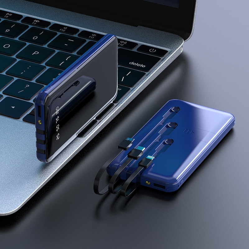 30000mah Power Bank Built-in 3 Cables Full Screen Powerbank Fast Charging External Battery for IPhone Samsung Xiaomi power bank: Blue