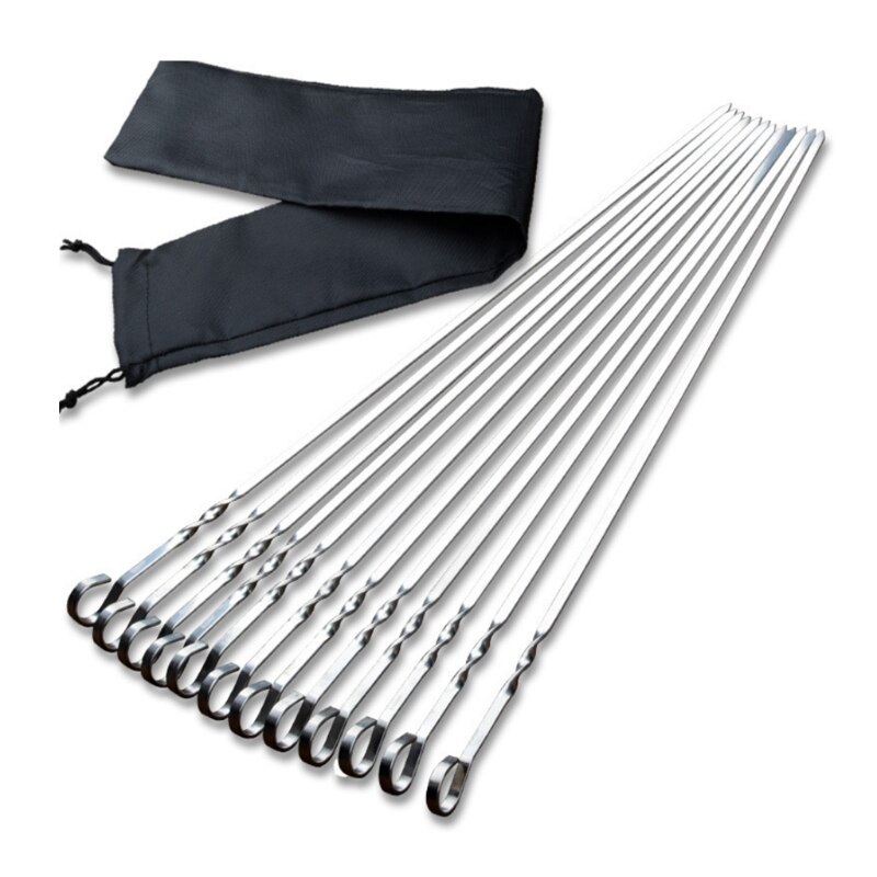 (12 sticks) stainless steel barbecue sticks barbecue utensils iron sticks delivered in black cloth bag