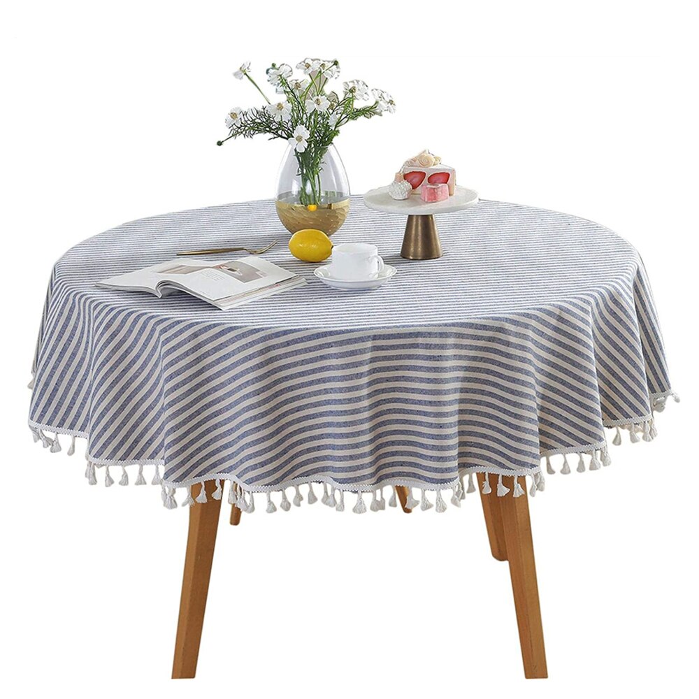 Round Tablecloth 150cm/59'' Stripe Tassel Cotton Linen Table Cloth Table Cover for Home Kitchen Dinning Table Coffee Table Decor