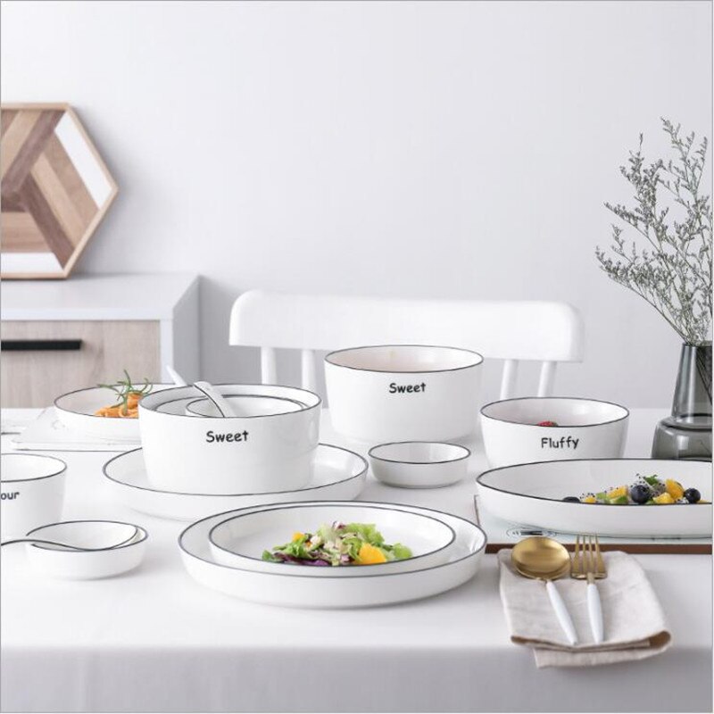 With Letters White Dinner Plate Ceramic Kitchen Plate Tableware Set Food Dishes Rice Salad Noodles Bowl Soup Kitchen Cook Tool