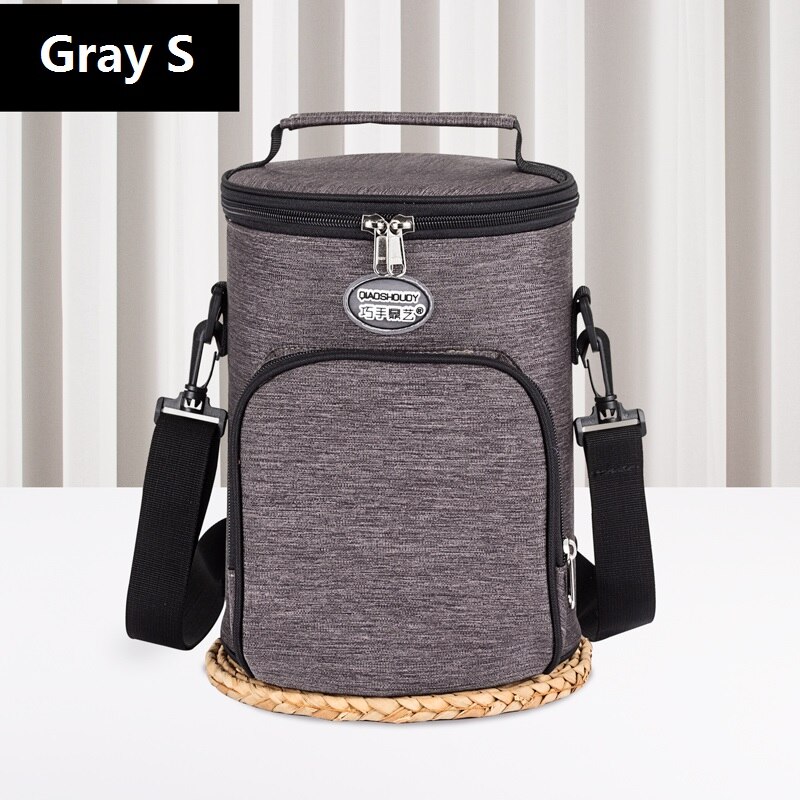 Cylindrical Lunch Box Cooler Bag Picnic Waterproof Oxford Aluminum Foil Food Refrigerator Car Camping Thermal Insulation Bags: Gray S