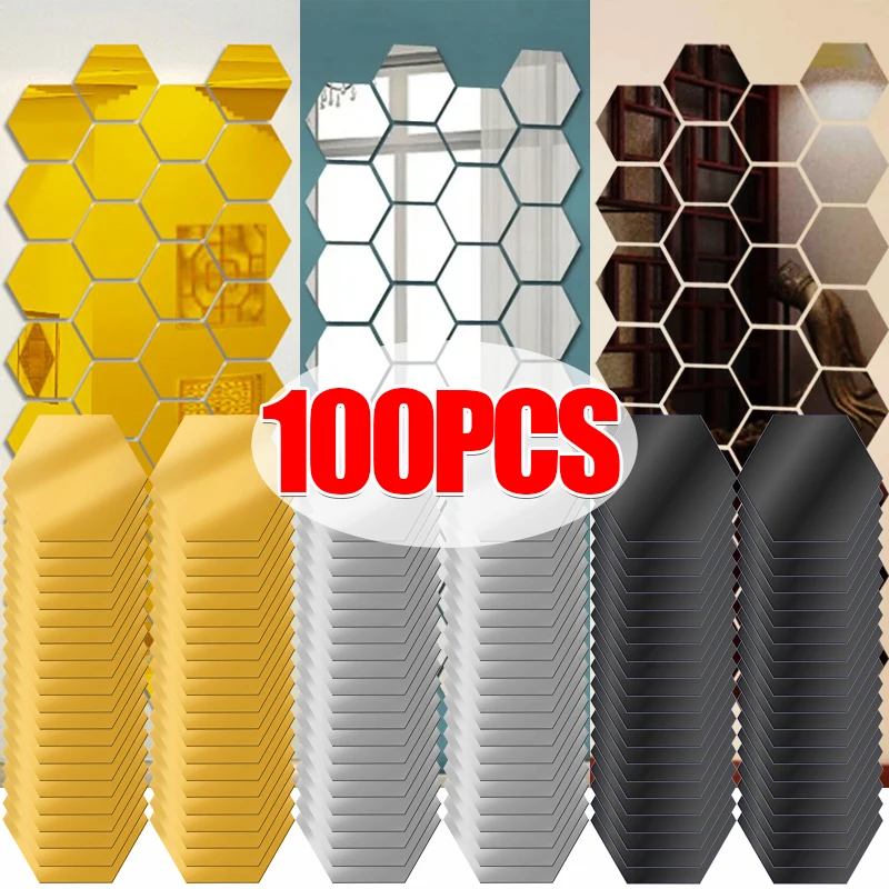 100/1 stücke Sechseckigen Acryl Spiegel Zauberstab Aufkleber Mini Spiegel Solide Paster Selbst-klebe Gold Silber Aufkleber Hause schlafzimmer Kunst Dekor