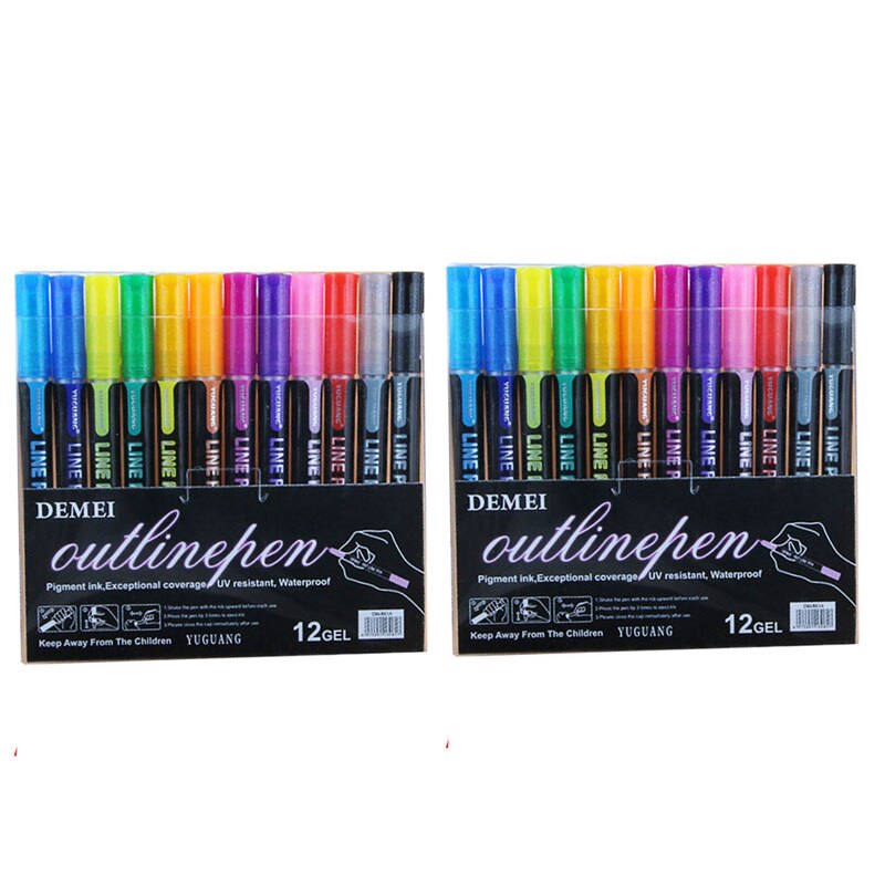 Dobbel linje kontur penner , 2 farger selvkontur metalliske markører glitter skrive tegning doodle blendende penn for bursdagshilsen: 2 sett 12 farger