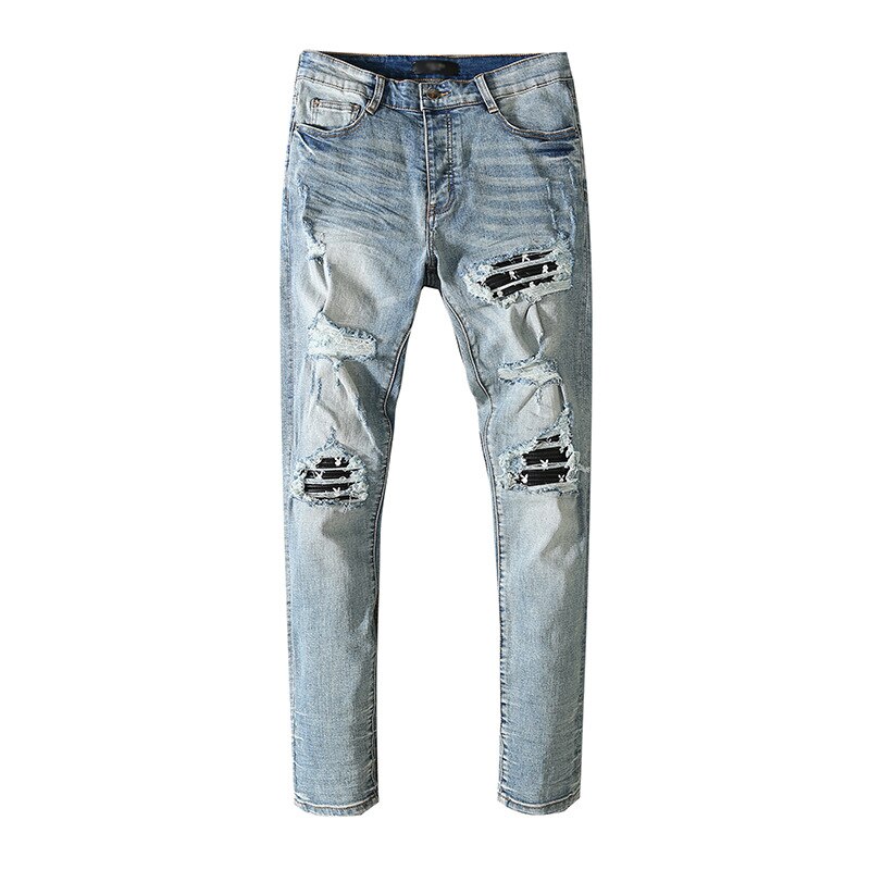 Pantalones vaqueros desgastados para hombre, Jeans desgastados de cuero negro y azul, AM, novedad: 29