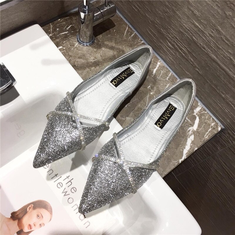 Glitter kristall spetsig tå slip on mockasiner ömma damer lata grunda lägenheter guld&silver fe skor kvinna bling bling loafers: Silver- / 8.5