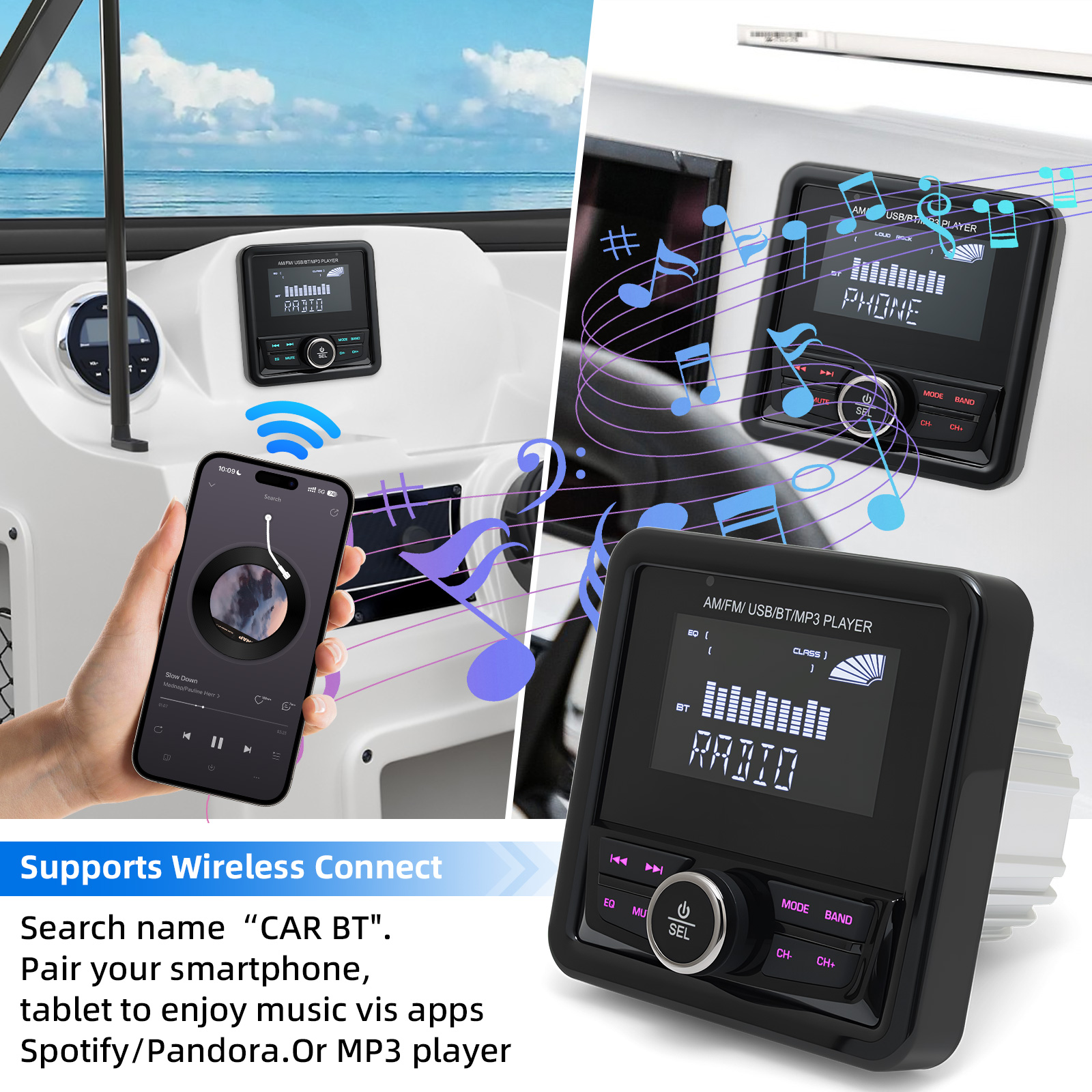Marineradio, bootsstereoanlage, bluetooth-fähig, fm/am-digital-media-audioplayer, wasserdichtes bootszubehör für yacht, atv und utv