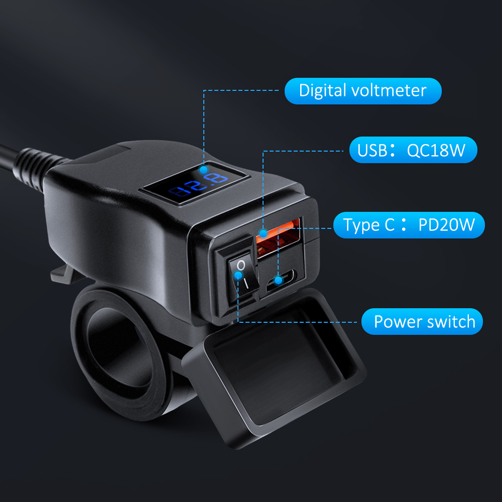 Anchtek Motorcycle USB Charger Waterproof Adapter 12V Vehicle-Mount Phone QC3.0 PD Port Quick ChargeWith Switch Moto Accessories