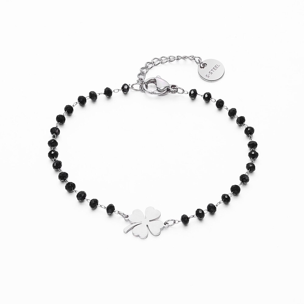 Or Rose trèfle acier inoxydable Bracelets porte-bonheur femmes noir cristal perles chaîne Bracelet bijoux De Joyas De Mujer: Silver Color