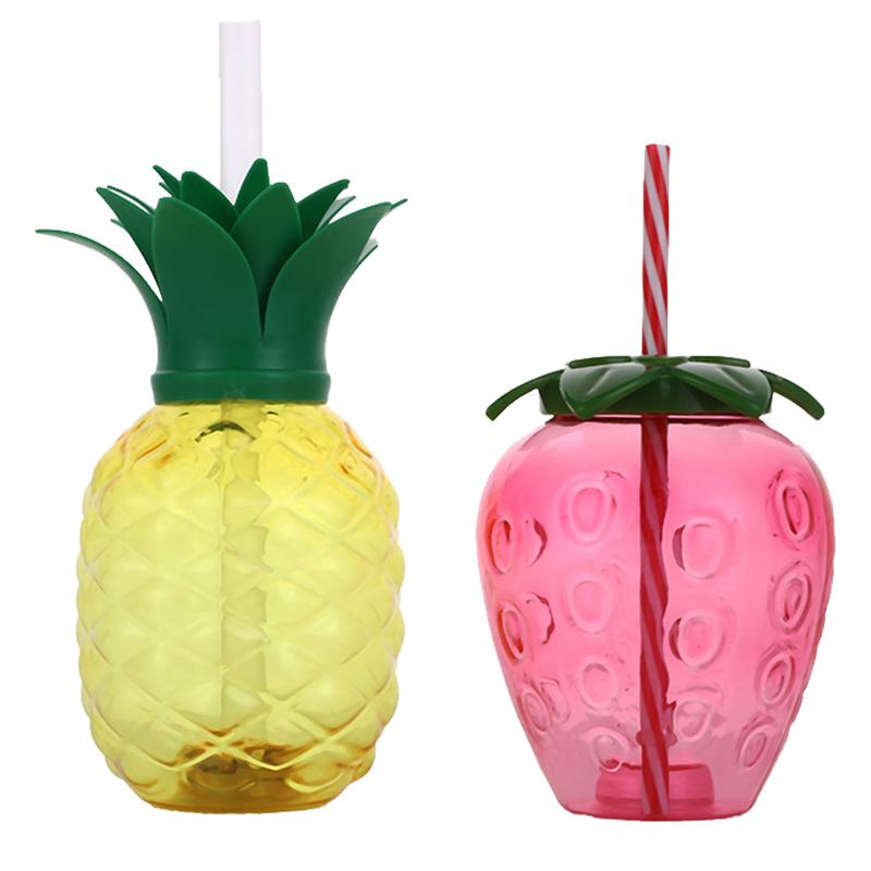 2Pcs Ananas En Aardbei Plastic Drinkbekers Party Beker Met Deksel En Stro: Default Title