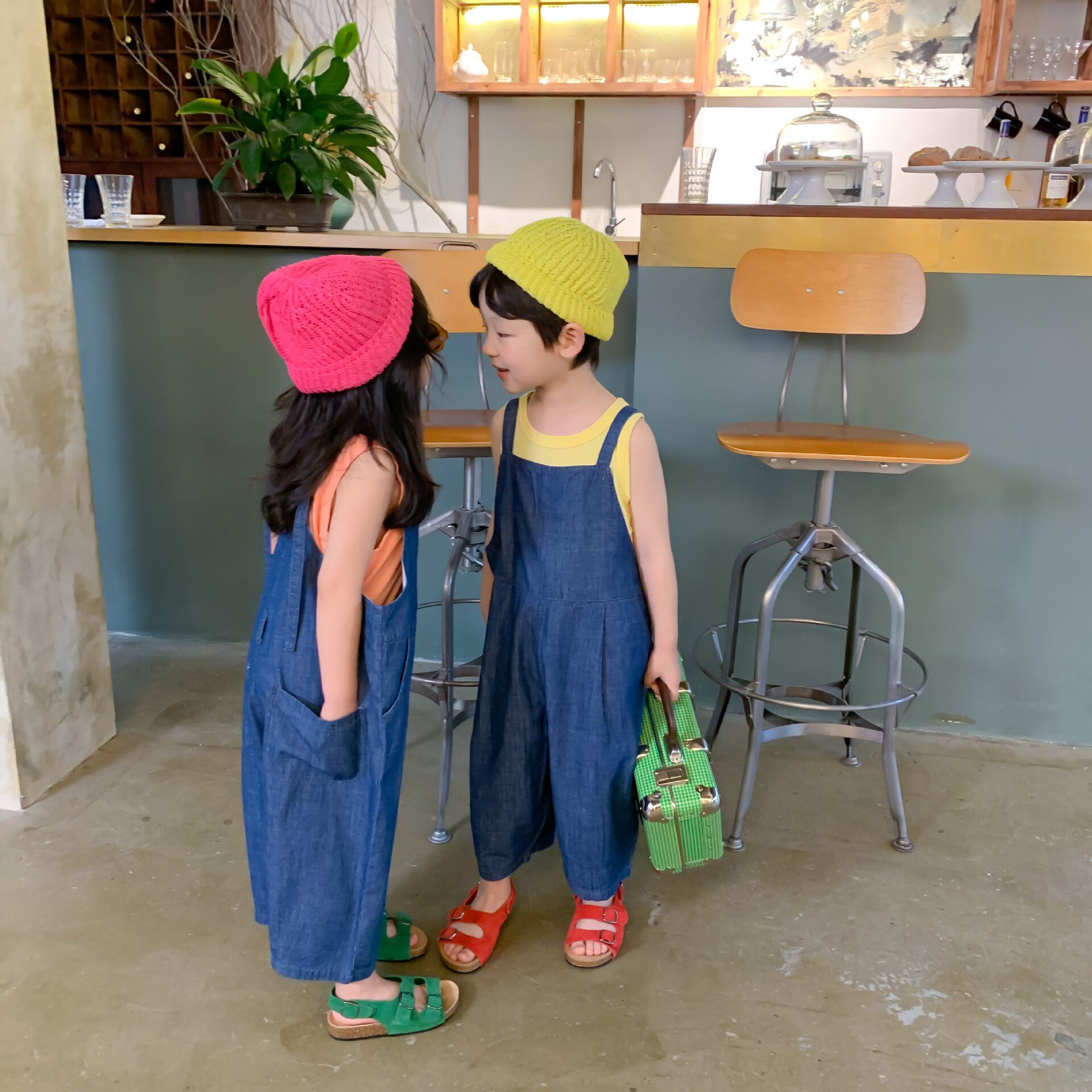 Korean style boys girls oversized thin denim overalls children casual loose suspender trousers