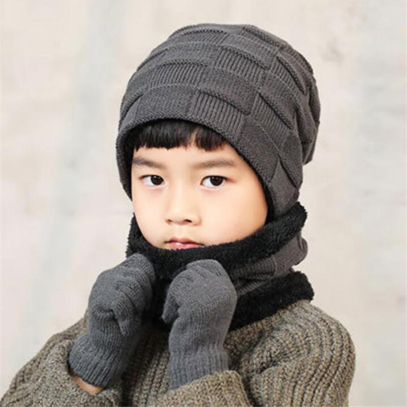 Barn strikket hat og tørklæde handsker sæt drenge piger vinter varm plys hat 3 dele sæt børn udendørs ski kasket tørklæder solid