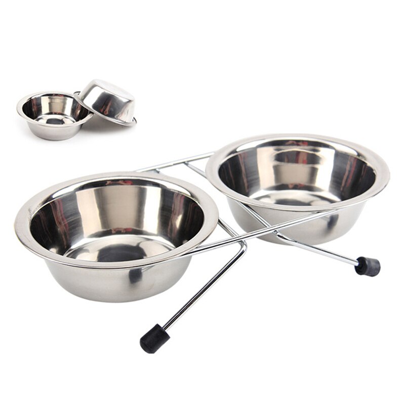 Stainless Steel Double Bowl Dog Cat Feeder Raised Stand Raised Dish Feeding Pet Water
