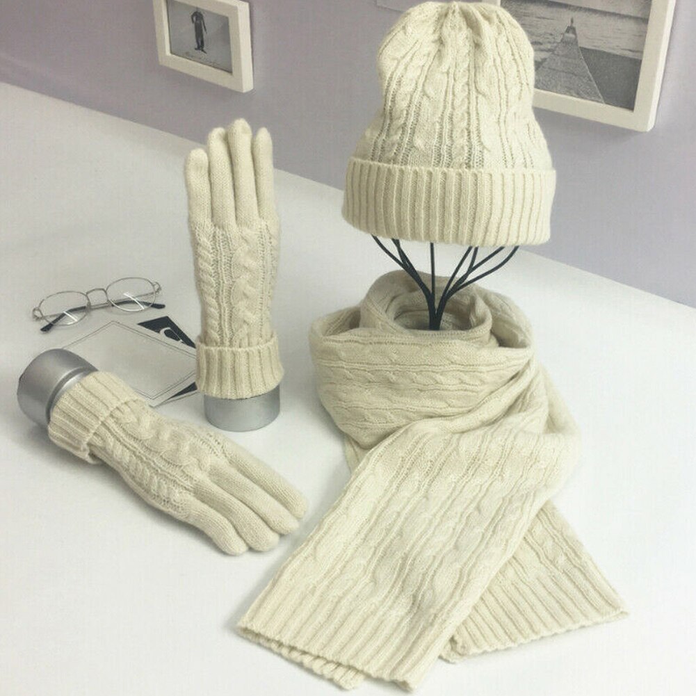 Nyeste vinter kvinder uldne tykke strik hat tørklæde handsker sæt varm blød strikket uld sæt: Hvid