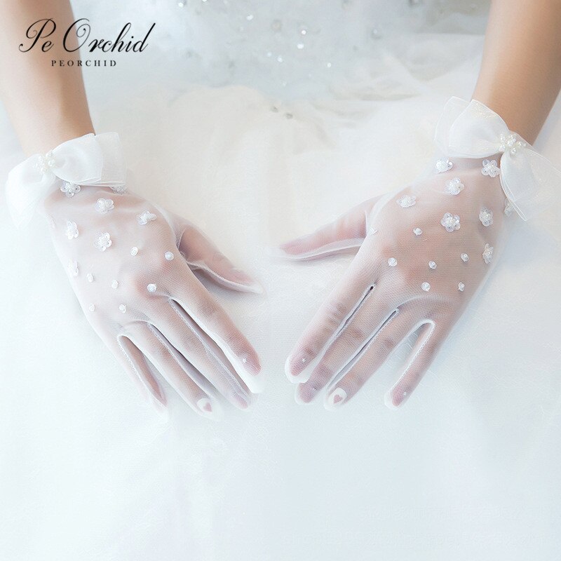 PEORCHID Bridal Gloves Wedding Short Gloves Pearl Sequins Mesh Full finger Women Party Gloves Gant Mariage Femme