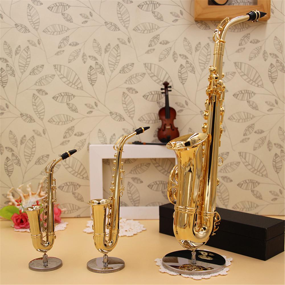 Mini Saxofoon Model Muziekinstrument Koperen Broche Miniatuur Bureau Decor Display Met Doos + Beugel Voor Muziekinstrument