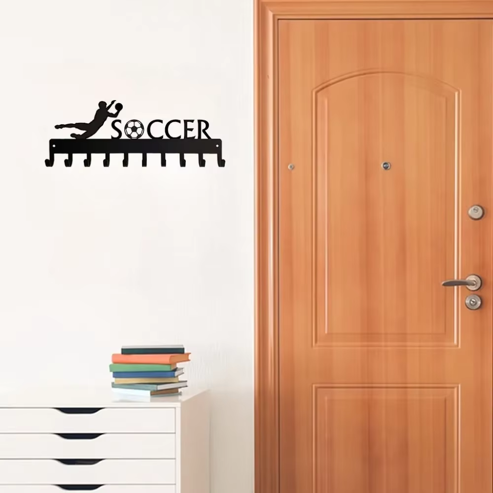 1 perchero para medallas de portero de fútbol con 10 ganchos: colgador de llaves, toallero y perchero de metal para pared. para entusiastas de los deportes.