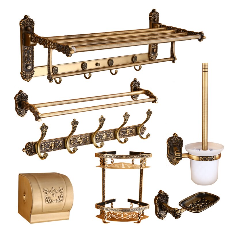 Tuqiu Bad Zubehör Antike Bronze Geschnitzte Aluminium Bad Hardware Handtuch Rack, Papier halter Wc Pinsel Halter, haken