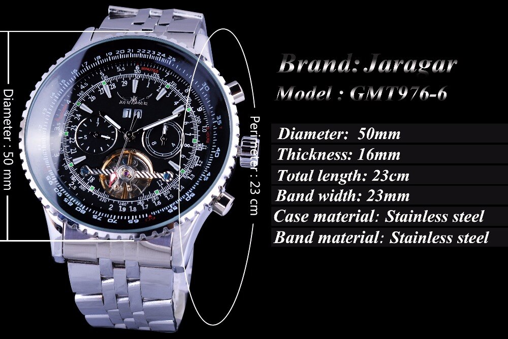 Jaragar Automatische Mechanische Mode Mannen Mannelijke Horloges Luchtvaart Toubillon Zilver Kalender Luxe Roestvrij Stalen Band Polshorloge