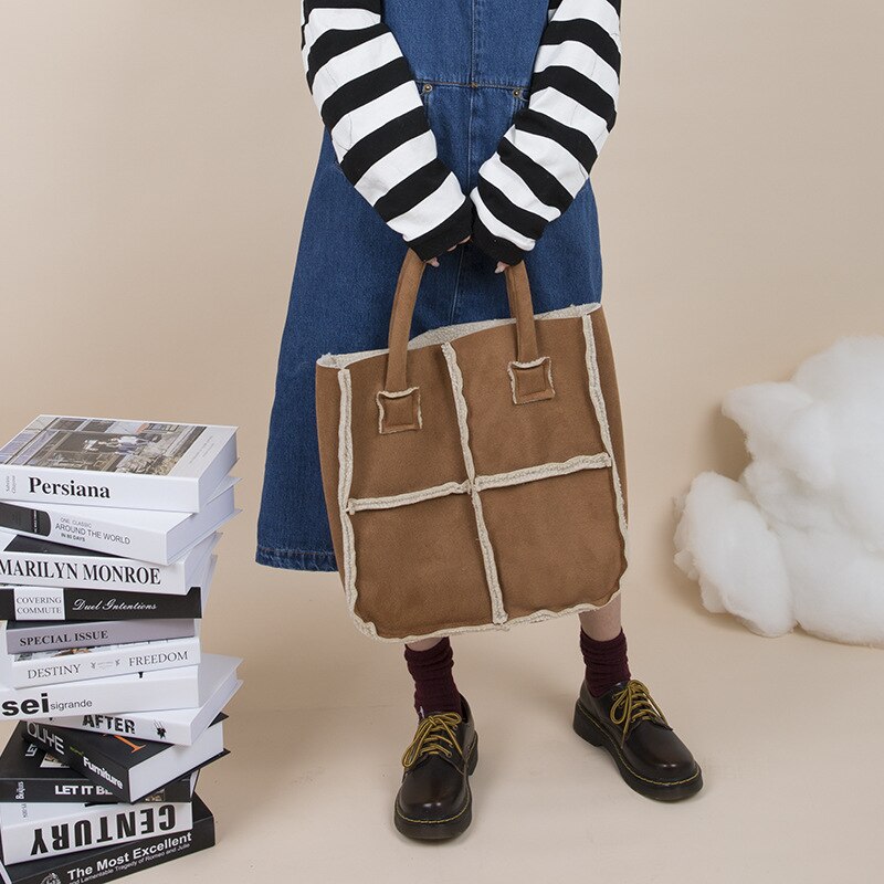 Winter dames suède schoudertas pluche canvas handtas tote studenten eenvoudige messenger bag canvas crossbody tassen handtas voor meisjes: Handtas