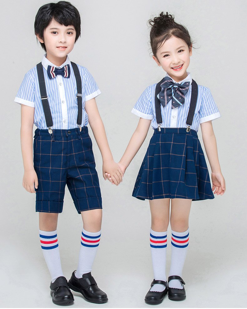 Kids British style School Uniform for Girls Boys Blue Shirts Top Navy Pleated Skirts Pants Clothes Tie Set Students Outfits Suit