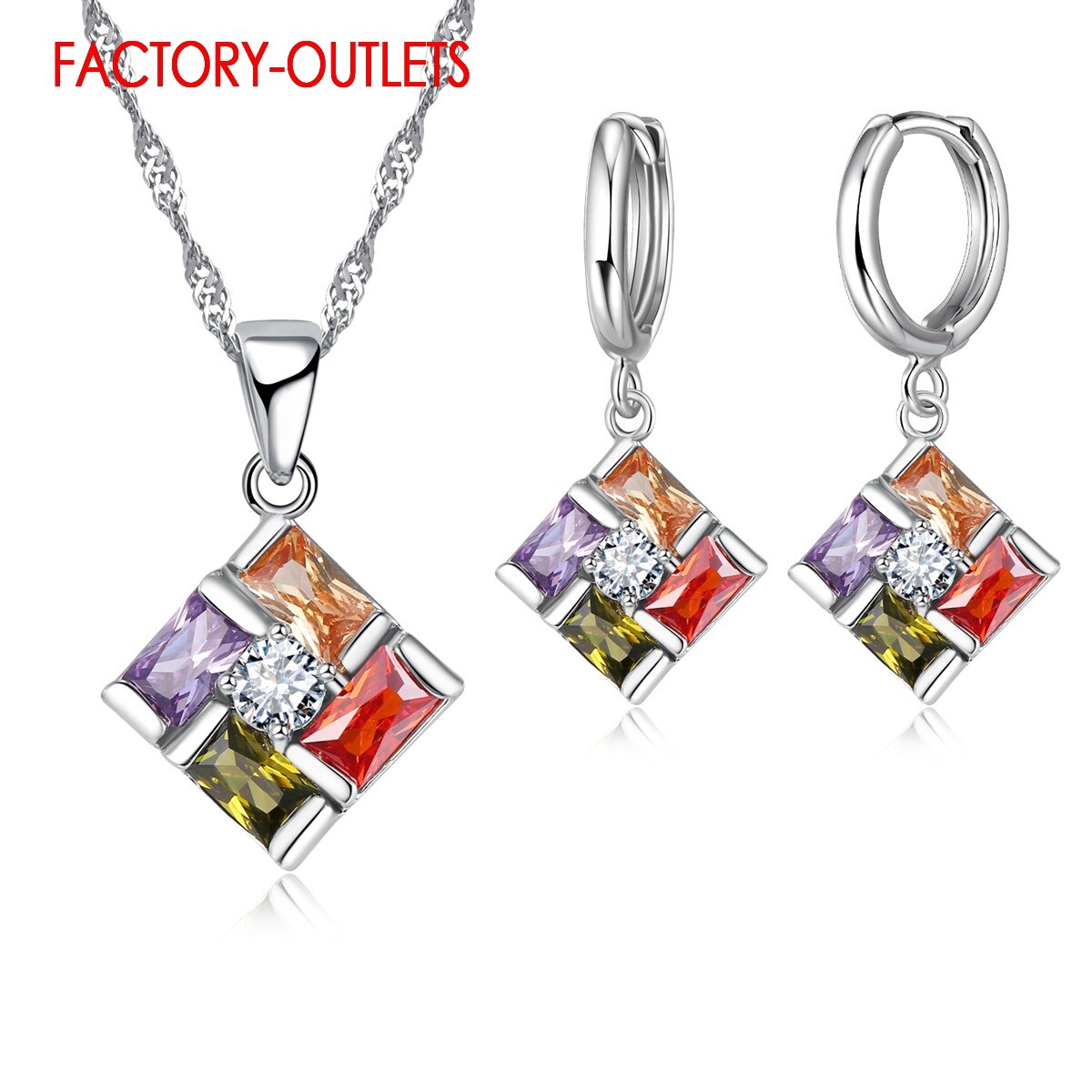 Pendant Necklace Hoop Earrings Set For Decoration Jewelry Square Austrian Crystal Women Girls Engagement Anniversary