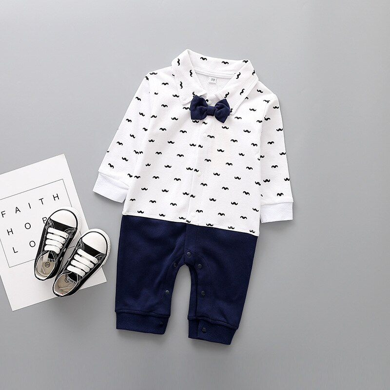 Zuigelingsjongen Kleding Lange Mouw Herfst Rompertjes Snor Patroon Gentleman Style Formele Suits Verjaardag Bow-tie Onesie Outfits