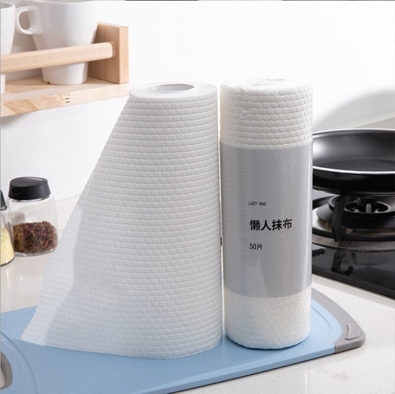 CHUBAN Convenient 50pcs/roll Clean Paper Kitchen Dishcloth Oil Absorbent Paper Towel Wet Dry Dual Purpose Dish Towe Lazy Rag A23: white