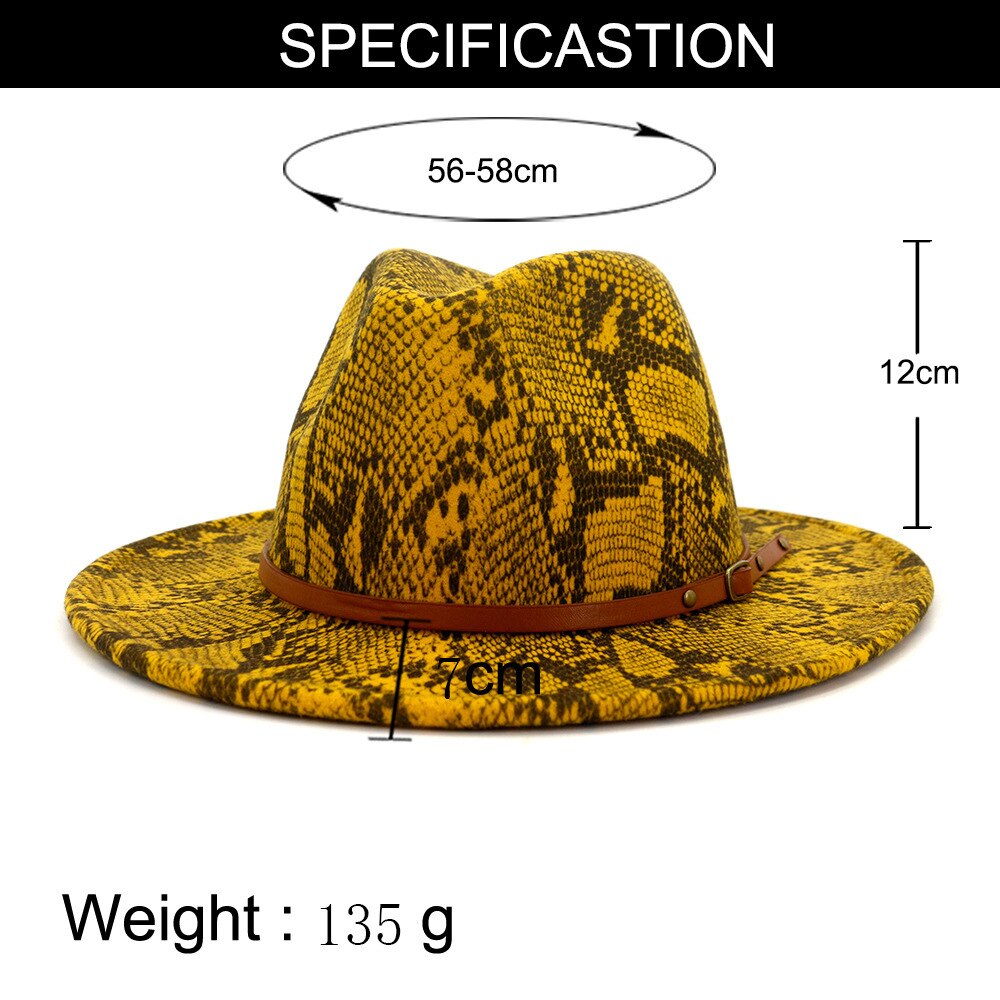 Autumn Winter Snakeskin pattern Fedora Top Jazz Hats Wide Brim Fedora Hats for Woman