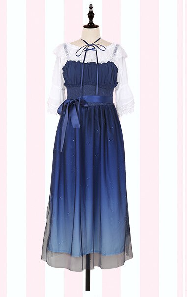 JSK Shinning Stars Lolita Dress Gradient JSK Star Blue Girls Solid Fancy Dress Lace Ruched Pleated Dress With Shirt Set: long dress and shirt / L