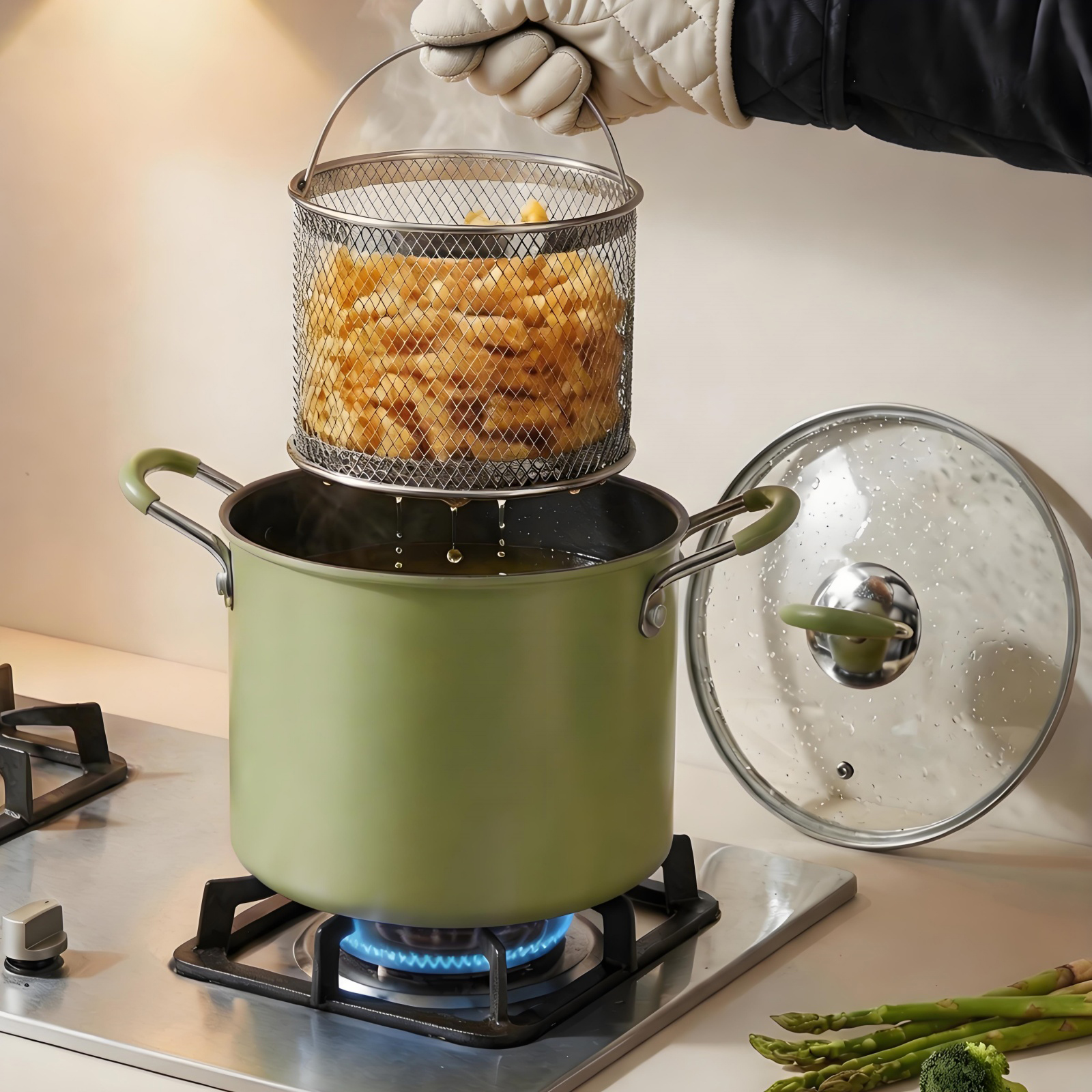 Olla para freidora, olla para freír pequeña de acero inoxidable Tempura japonesa, con escurridor de aceite, olla de acero inoxidable 304