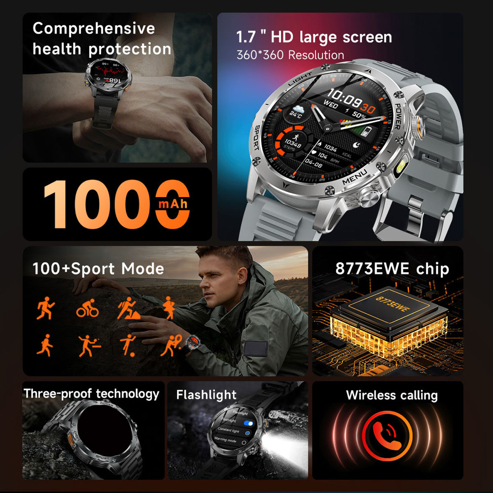 Nuovo Smartwatch Sport all'aria aperta Torcia SOS Chiamate wireless Orologi dente blu Frequenza cardiaca Meteo Musica Orologio intelligente impermeabile