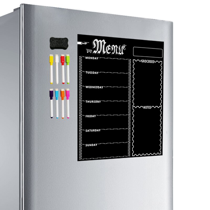 Lámina de pizarra magnética A3 para nevera de cocina, calendario de pizarra blanca semanal multiusos para planificación de menú con 8 bolígrafos