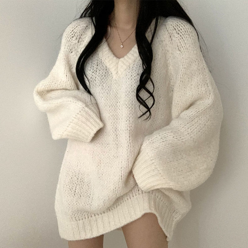 Pull mi-long en tricot pour femme, style paresseux, col en v, étudiant Y2K, version coréenne, fin et polyvalent, top