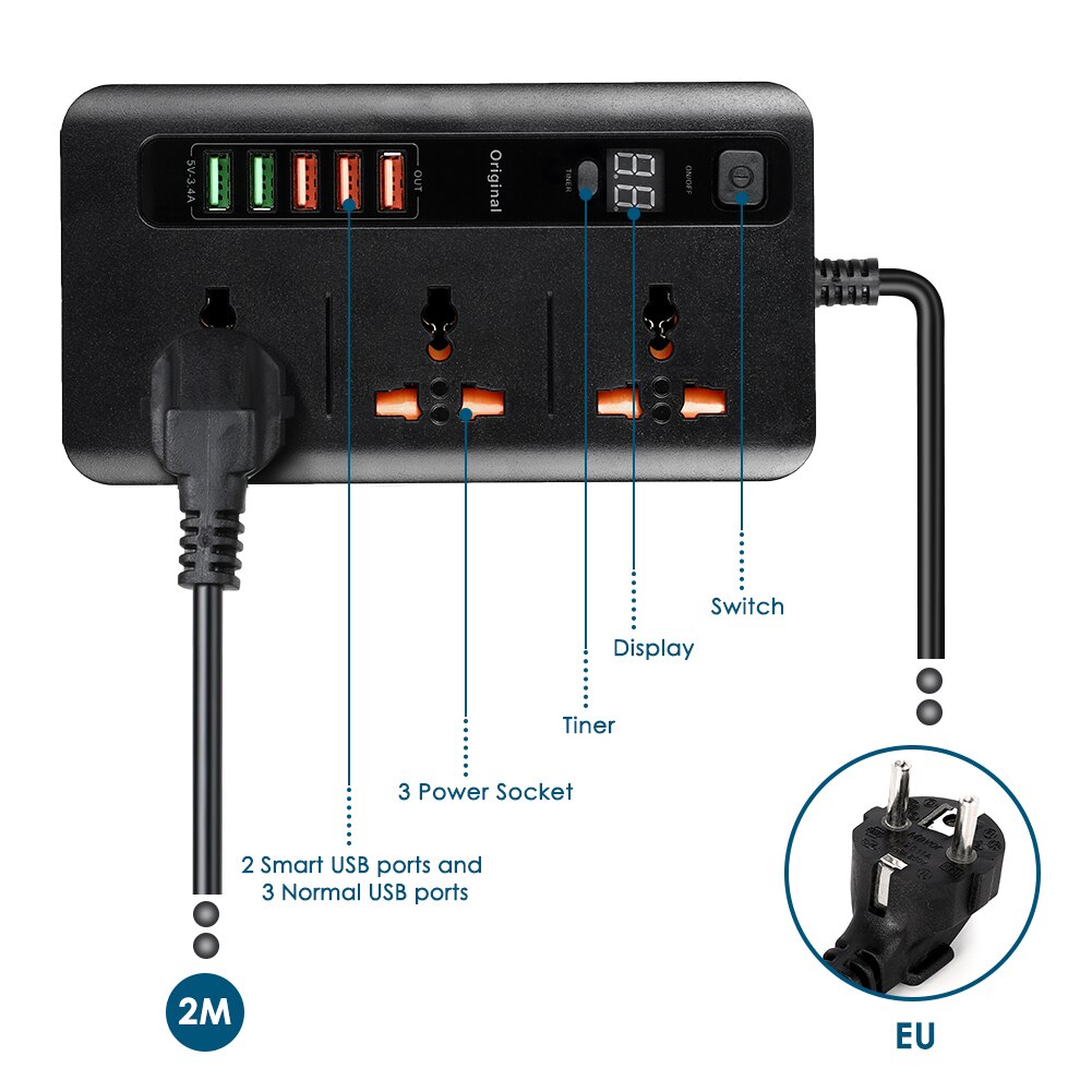 Home Extension Power Outlet With Switch With 5V 3.4A 5 Port USB Charger Adpater 3 Way Multiple Socket Smart Timing UK/EU Plug
