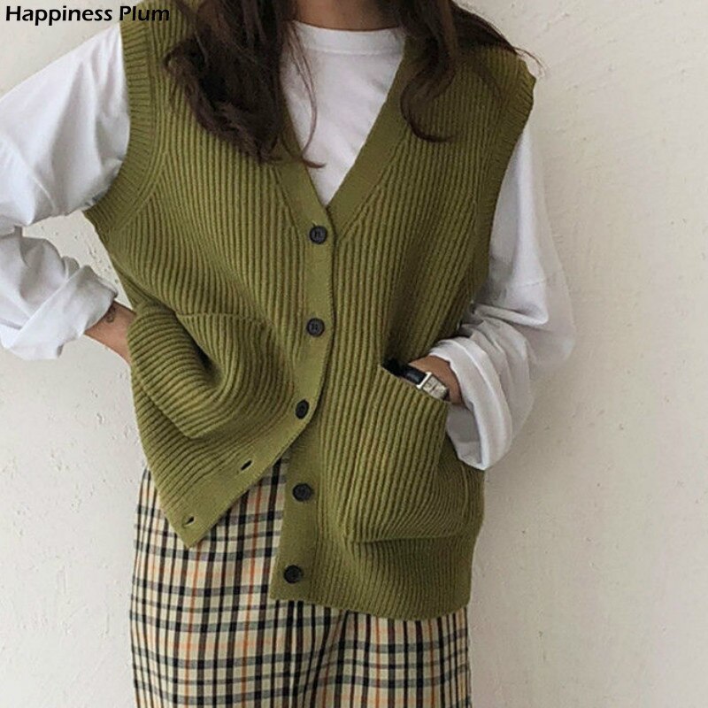 Suéter de punto para mujer, chaleco suave y elástico básico sencillo de uso diario con cuello de pico, liso de punto abierto, ropa de calle femenina, Vintage coreana, combina con todo