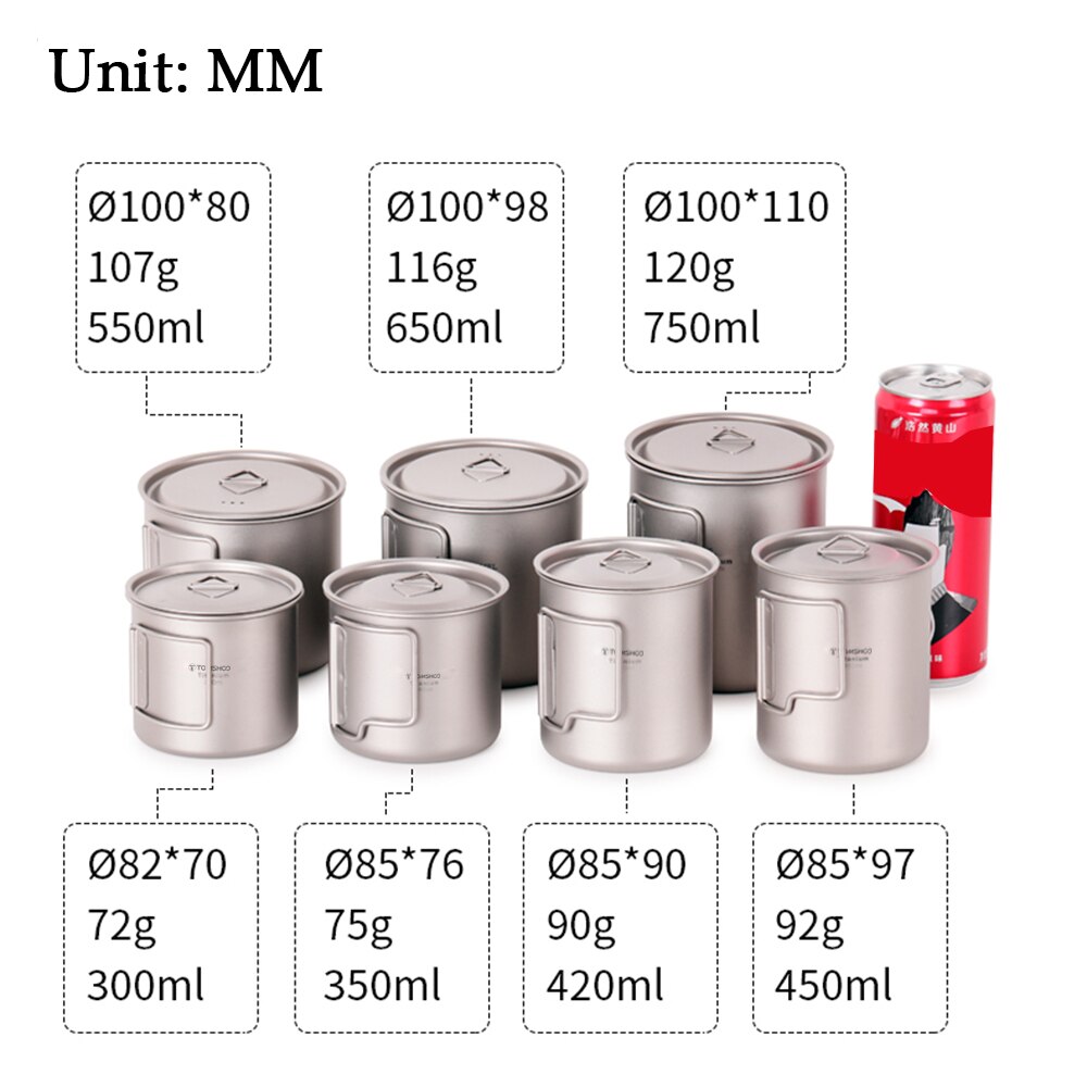 TOMSHOO Titanium Cup Ultralight Outdoor Camping Picnic Water Cup Mug Foldable Handle Coffe Tea Cup 300/350/420/450/550/650/750ml