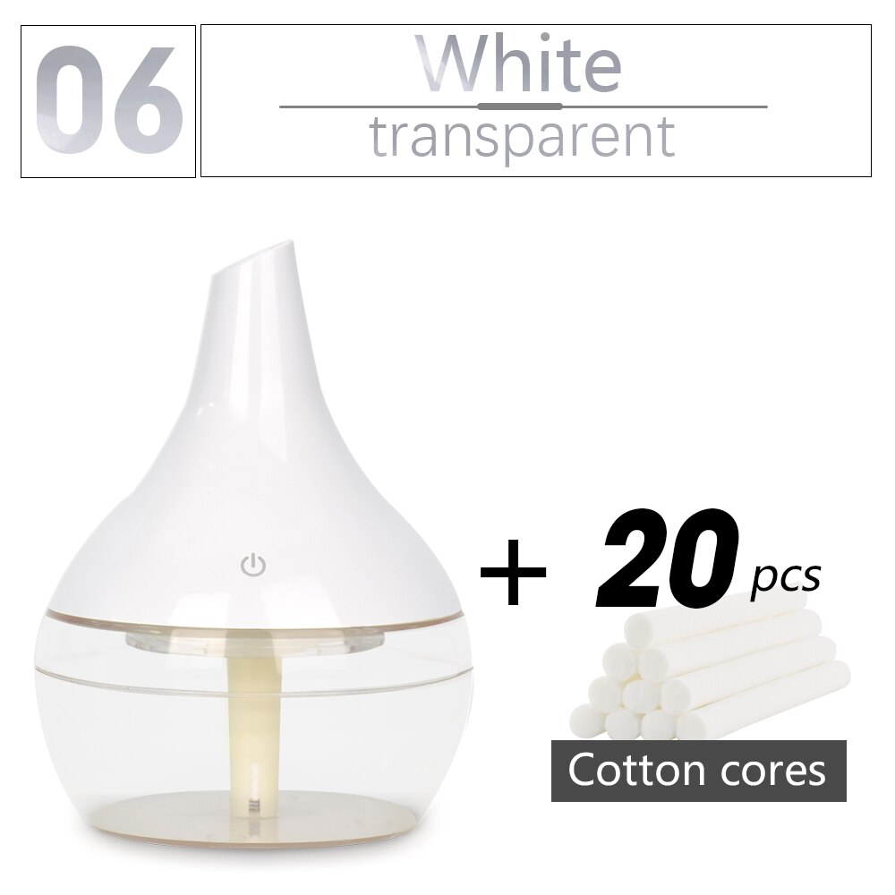 300ML USB humidifier Electric oil Aromatherapy wood grain Ultrasonic air diffuser with 7 colors lights for home office Car: White transparent-20
