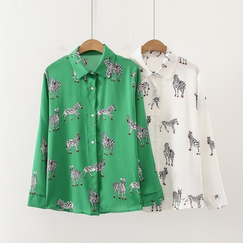 QWEEK Satin Blouse Women Silk Zebra Print Shirts Long Sleeve Vintage Office Ladies Tops Femme Green Blouses