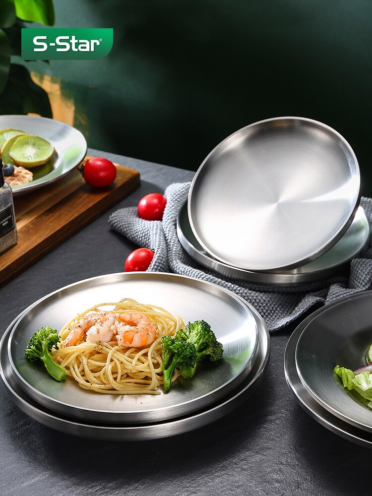 Sstar304 Stainless Steel Steak Dinner Plate Flat Disc Barbecue Nordic Western Food Plate Thickened Insulated Dish Plate