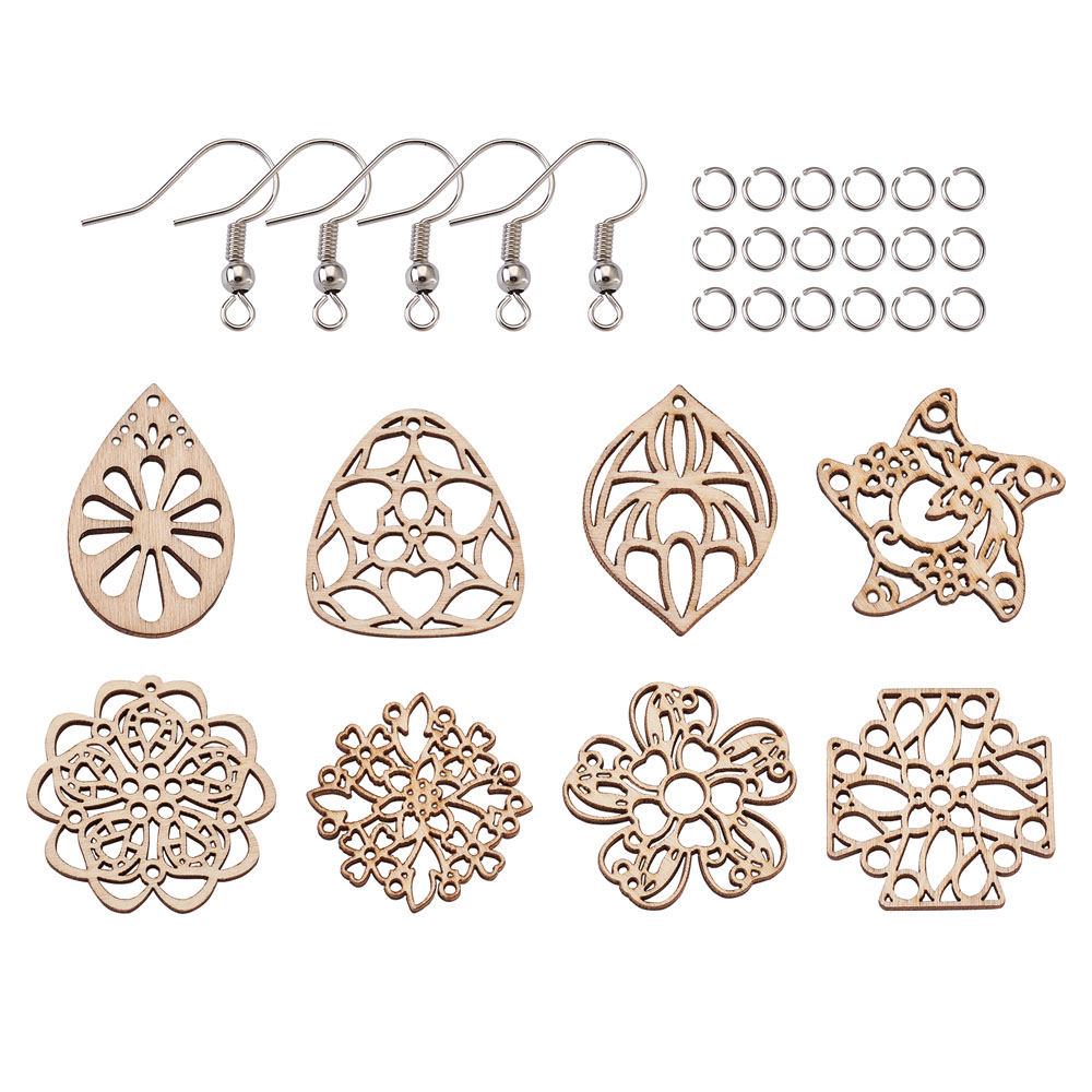 DIY Filigrane Pvc-h-streifen Schreiner Baumeln Ohrring Machen Kits mit Unfinished Natürliche Pappel Holz Anhänger Ohrring Haken Jump Ringe 48 teile/satz