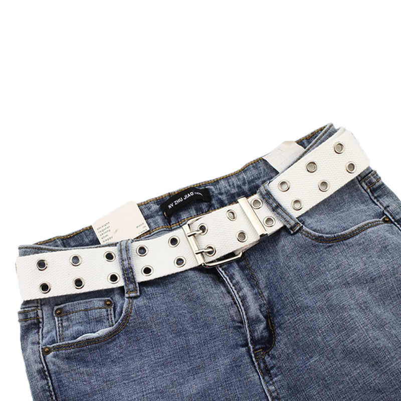 Harajuku Wide Canvas Web Double Grommet Hole Buckle Belt Female Male Waist Strap Belts for Women Men Jeans: White