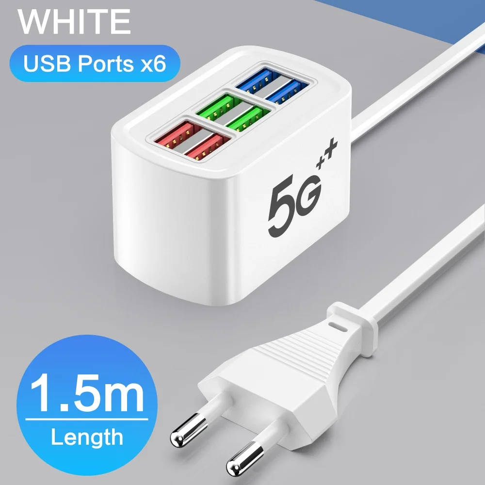 6 usb usb-strømskinne telefonlader universaladapter multiport ladehode stikkontakt eu us-plugg vegglader stikkontakt hub splitter: Il