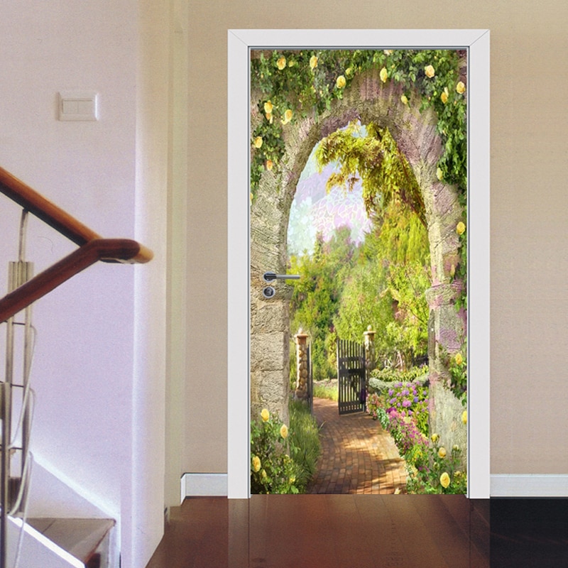 European Style Stone Pillar Garden View Door Sticker Living Room Restaurant Decor Wallpaper PVC Self-Adhesive Stickers
