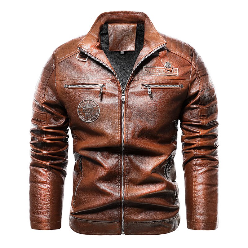 Novos jaquetas de couro dos homens do velo da motocicleta motociclista plutônio leahter jaqueta masculina gola casual blusão ropa de hombre casaco fino: Laranja / L