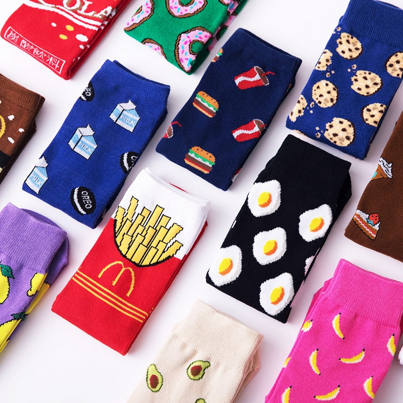 Frauen Socken Lustige Nette Karikatur Obst Banane Avocado Zitrone Ei Cookie Donuts essen Glücklich Japanischen Harajuku Skateboard Socken